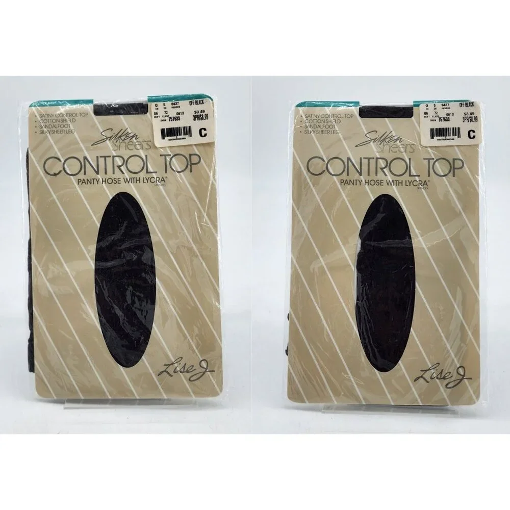 x2 Vtg Lise J Silken Sheers Satiny Control Top Sandalfoot Pantyhose Off Black C